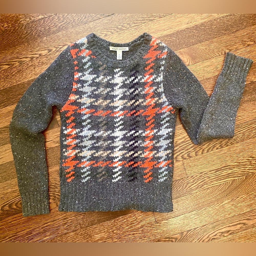 Autumn Cashmere Gray-Brown Tweed Houndstooth Plaid Sweater Sz XS